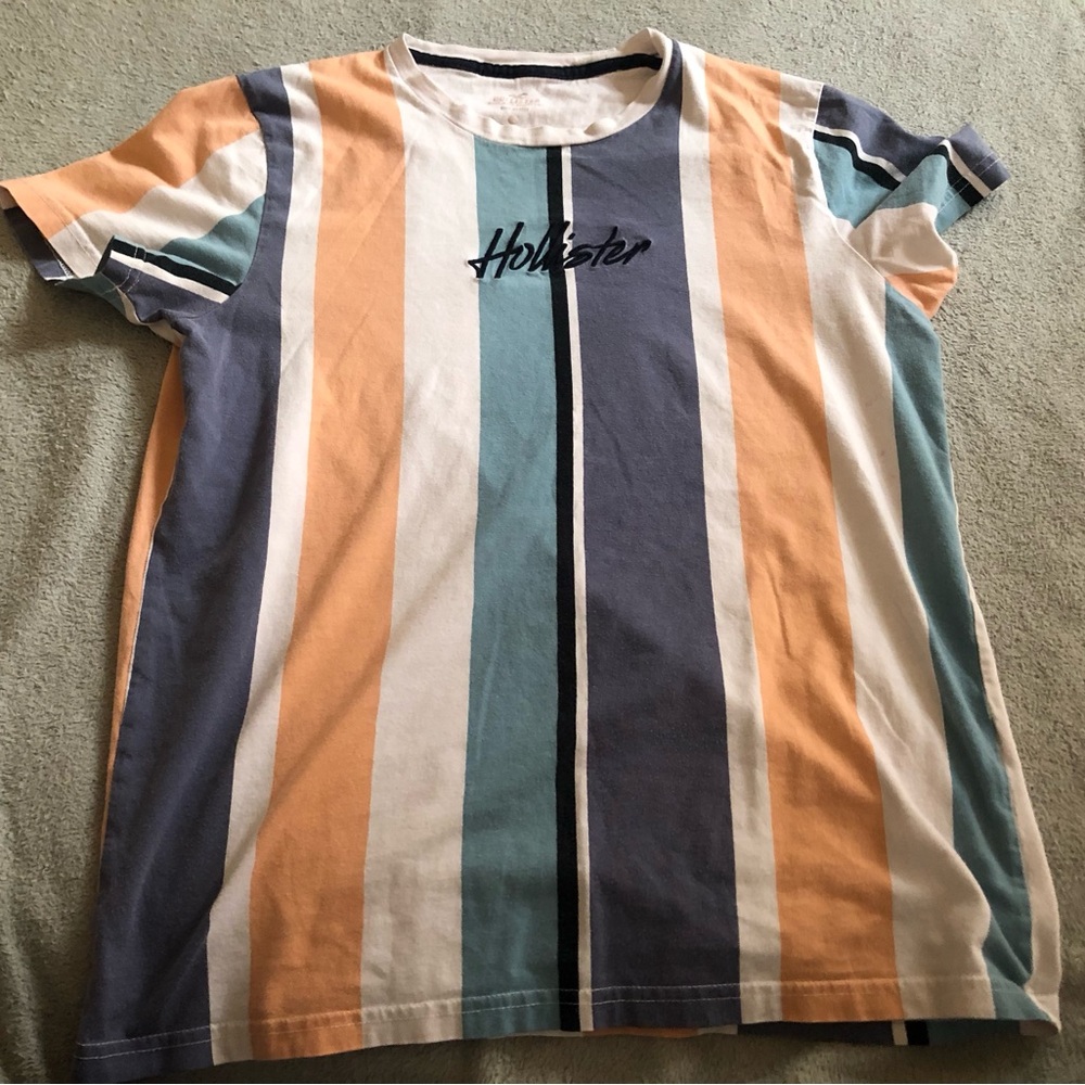 Hollister Orange and Blue Short Sleeve Tee with Bold Stripes